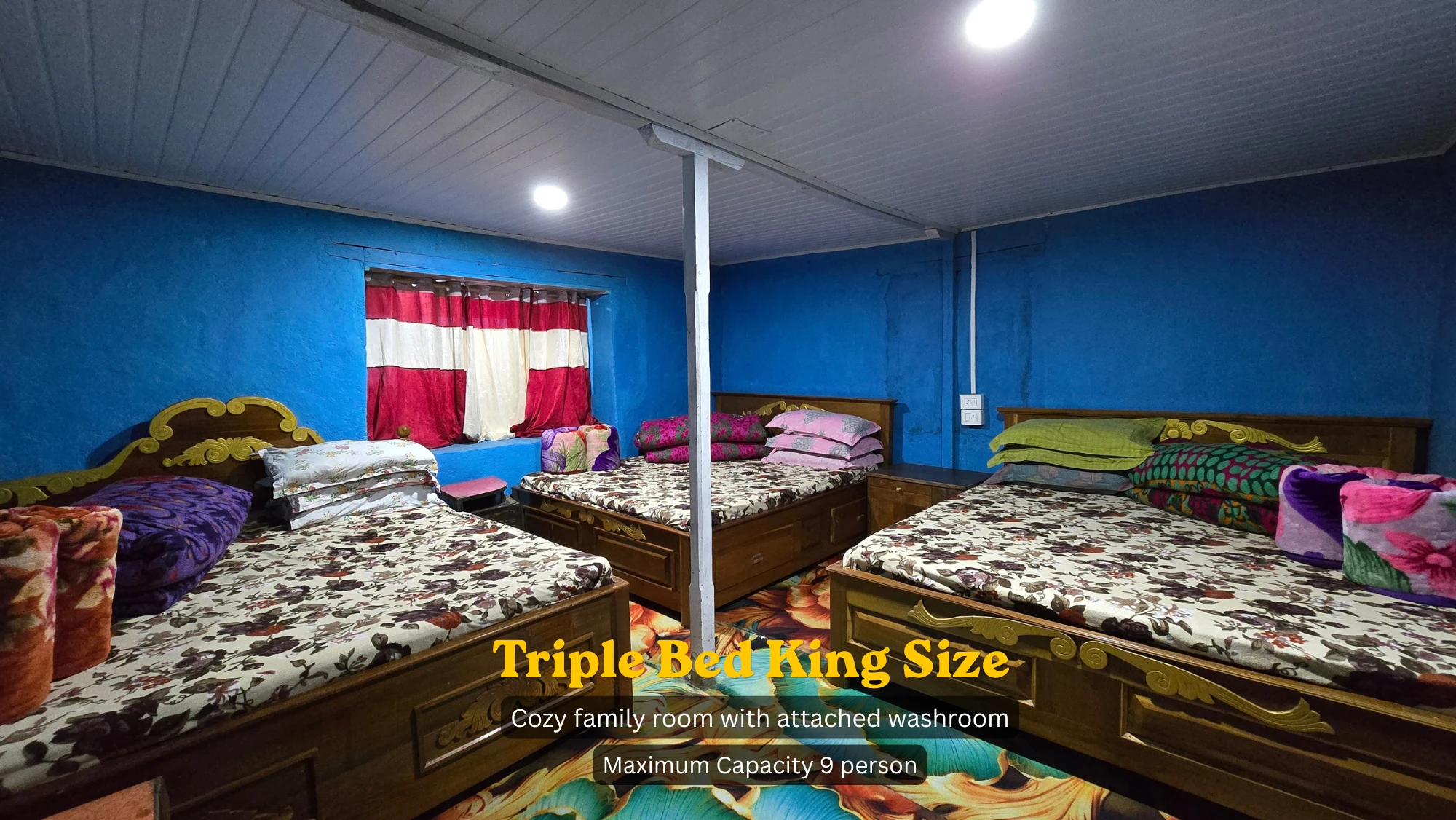 Triple king-size room with attached washroom, capacity up to 9 guests